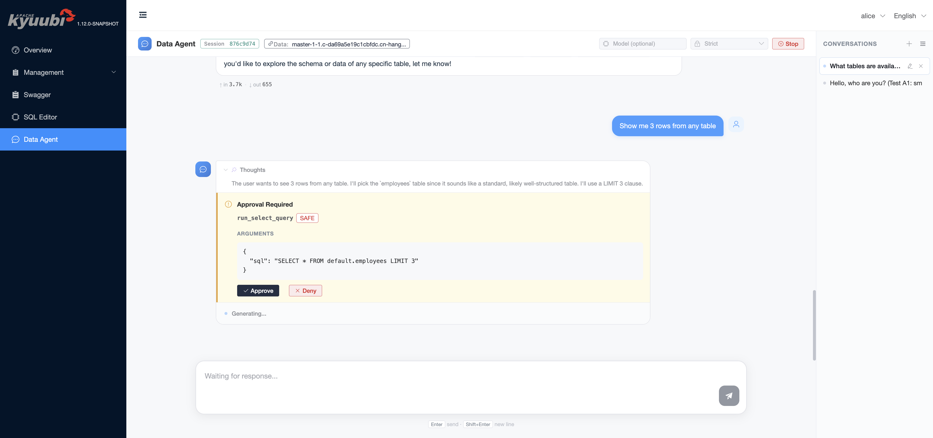 STRICT mode prompts before any SQL