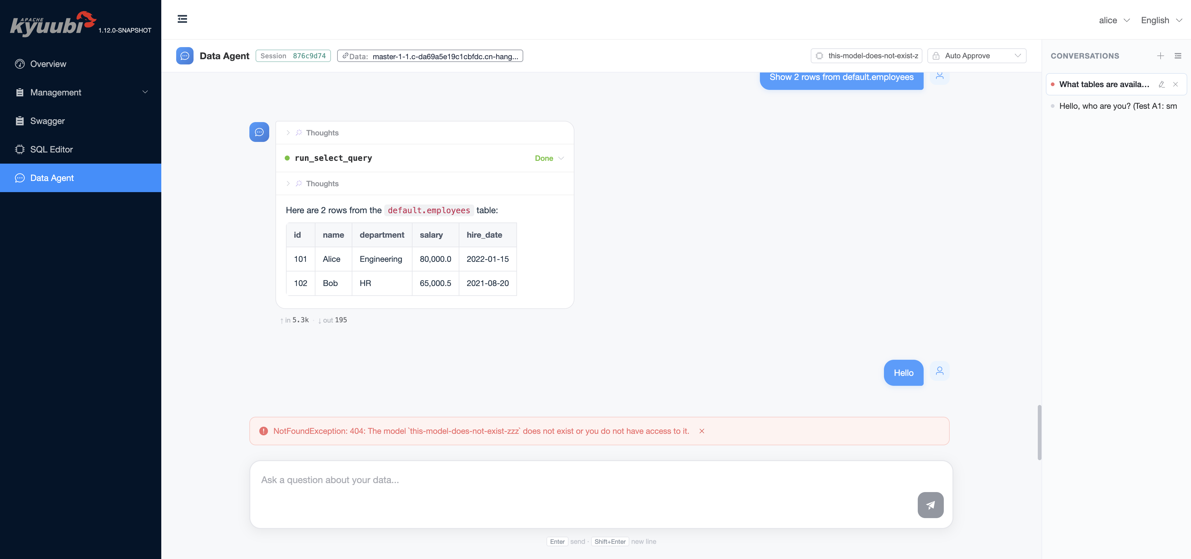 A bad model name surfaces the upstream 404