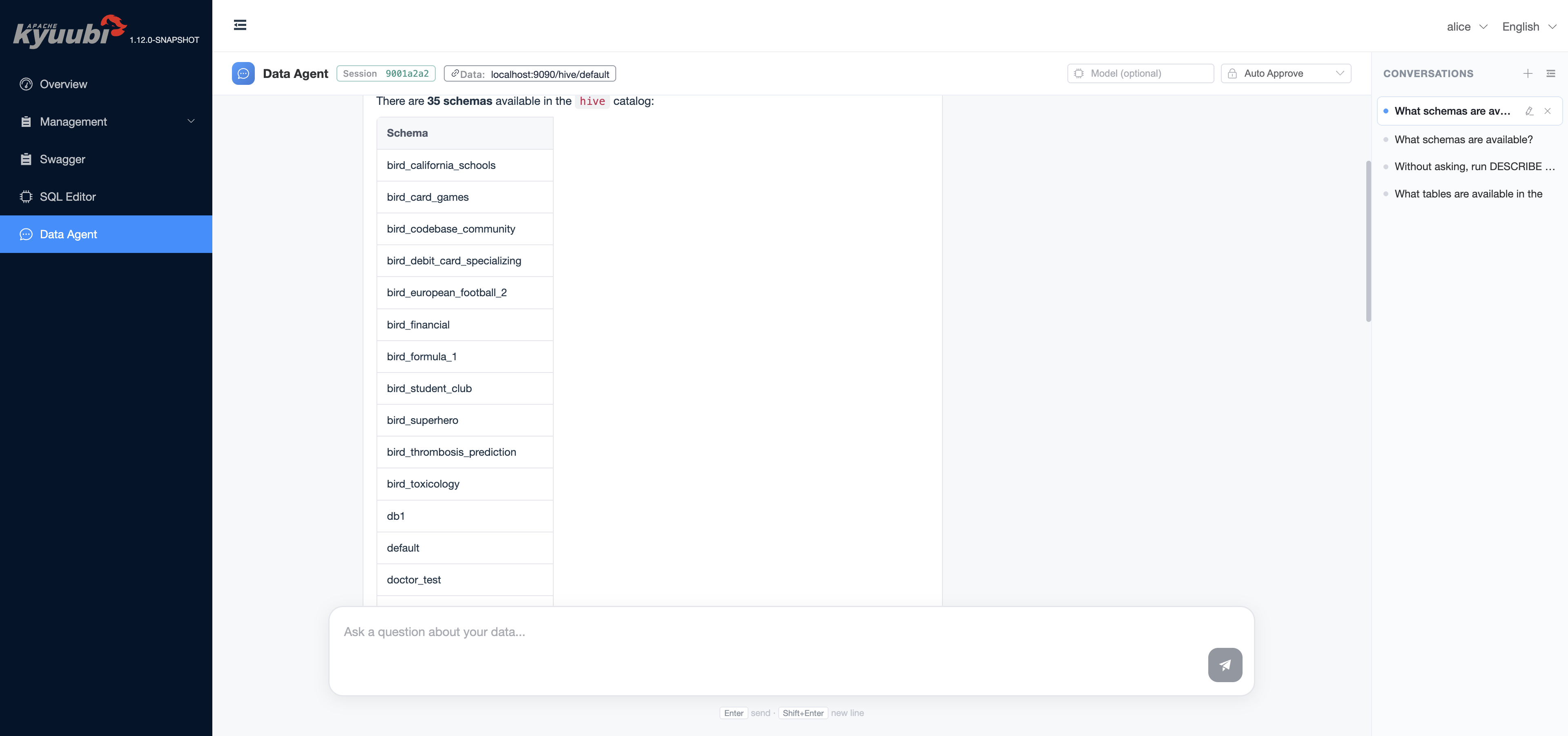 Trino datasource — listing schemas