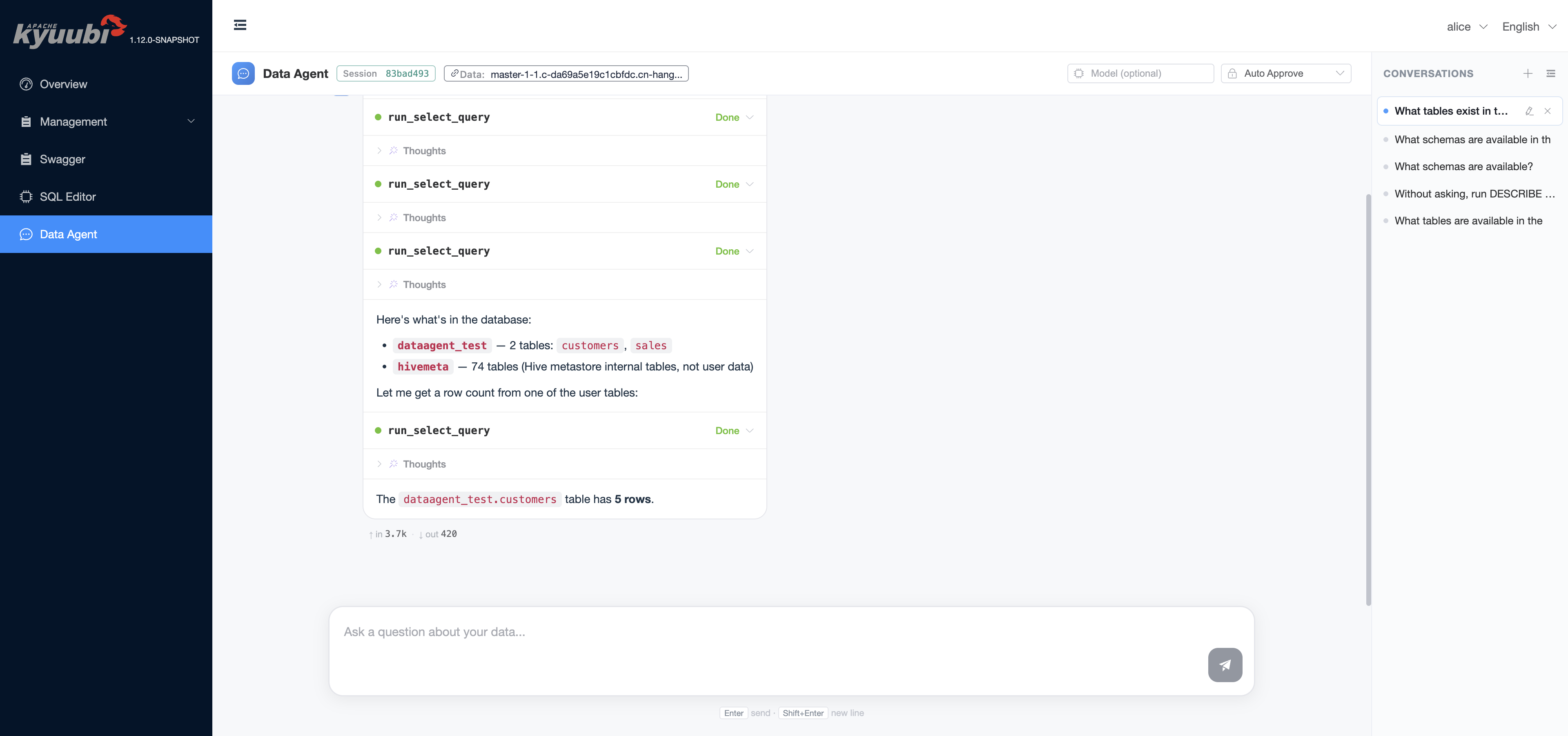 MySQL datasource — discover schema and run COUNT
